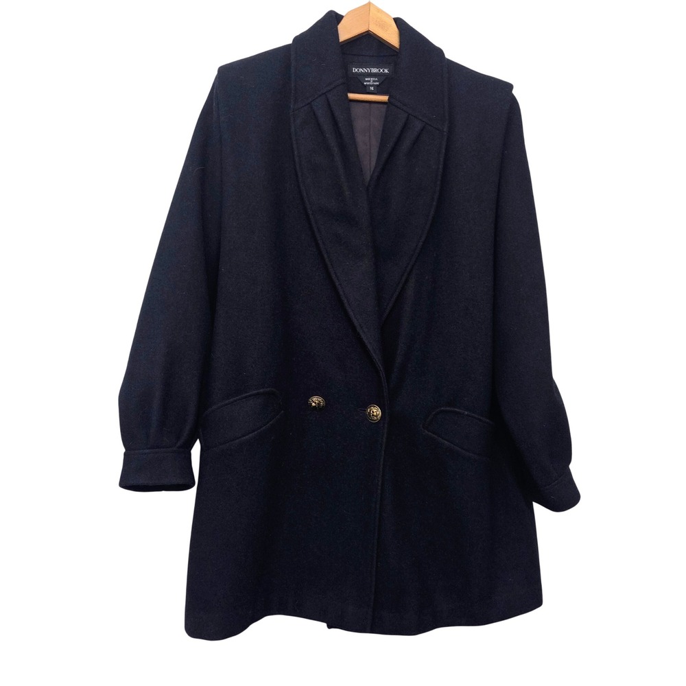 Donnybrook Vintage Navy Wool Shawl Collar Coat‎ Gold Double Breasted Size 16 XL